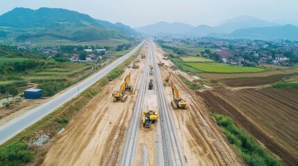 Sticker - Aerial view of a high-speed railway construction site, with long stretches of track being built over rural areas. Heavy machinery and workers dot the landscape.