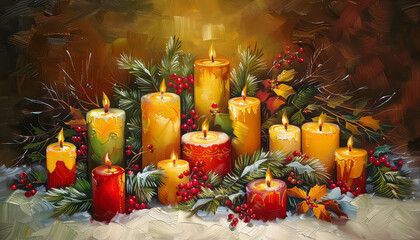 Wall Mural - A painting of a Christmas tree with many candles on it