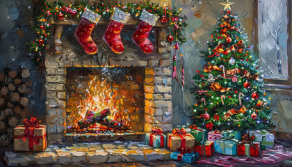 Poster - A Christmas scene with a fireplace and a Christmas tree