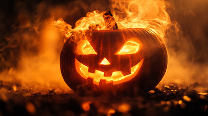 Glowing jack-o'-lantern on a misty Halloween night creating a spooky atmosphere