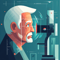 In a bright ophthalmology clinic, an elderly man undergoes a thorough eye examination. He sits comfortably, looking attentive as a healthcare professional discusses the procedure. 