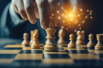 Poster - Business Strategy, Planning, And Tactical Decision Making Concept. Hand Moving King Chess Piece.