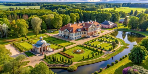 Aerial view of Pakruojis Manor, a historic estate with beautiful gardens and architecture, Pakruojis Manor