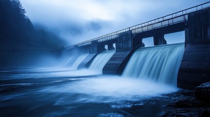 Wall Mural - Long exposure photography of water flowing from a hydroelectric dam sluice gate, creating smooth, mist-like patterns as renewable energy powers the system.