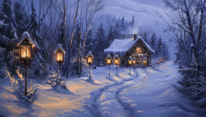 Wall Mural - A snowy landscape with a cabin and a path leading to it