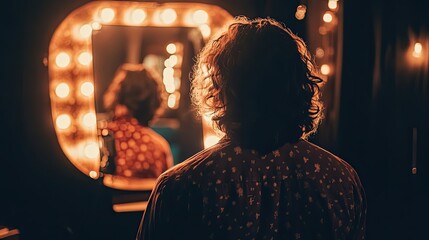 Wall Mural - Person with Curly Hair Standing in Front of a Mirror with a Ring of Lights