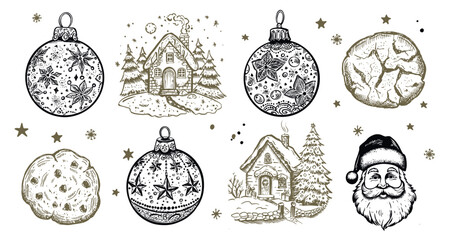 Wall Mural - Christmas cookie, ball, tree,  house, set, Hand drawn illustration	