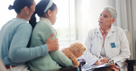 Wall Mural - Hospital, clipboard and doctor with child for consulting, medical service and assessment in clinic. Healthcare, pediatrician and woman with mother and girl for diagnosis, discussion and wellness