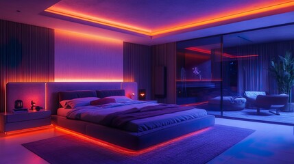 Wall Mural - Neon art pieces illuminating a minimalist bedroom with modern furniture merging vibrant colors with clean simple design for a unique look.