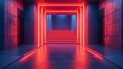 Wall Mural - Neon lit corridor with minimalist design elements and bright color accents offering a fresh and stylish look.