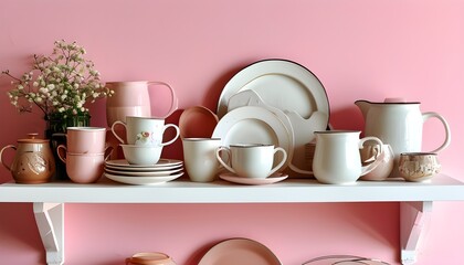 Wall Mural - Charming kitchen display with crockery, cups, and utensils on a white shelf against a soft pink wall backdrop