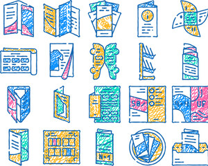 Wall Mural - catalog and booklet doodle icons set vector. sketch line art clothing fashion catalog and promotional brochure, informational flyer and shelf color illustrations