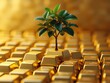 © Thann - A single green tree grows amidst numerous stacked gold bars, symbolizing the balance between nature and wealth on a reflective surface.