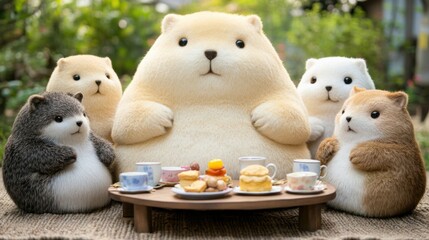 Poster - A group of stuffed animals sitting around a table with tea cups, AI