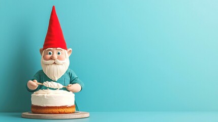 A festive gnome in a red hat and green shirt applies frosting to a cake using a spatula, set against a bright blue background.