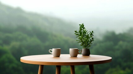 A minimalist wooden table with two neutral coffee mugs and a small potted plant, set against a backdrop of a misty green forest, creating a peaceful, serene atmosphere.