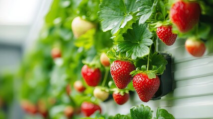 Wall Mural - Ripe Red Strawberries Hanging from a Plant in a Greenhouse