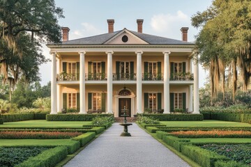 Elegant mansion with lush gardens and a fountain.