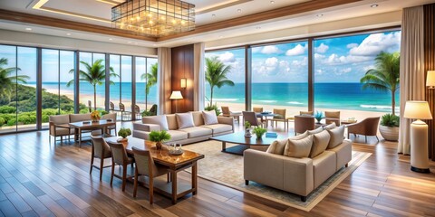 Wall Mural - Luxurious beachfront hotel and resort interior with stunning sea view, beach, interior design, resort, hotel