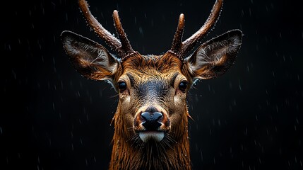 Wall Mural - A close-up portrait of a deer with antlers, standing in the rain, looking directly at the camera.
