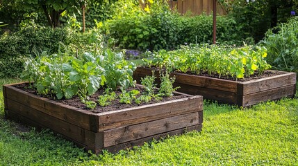 Two Wooden Raised Garden Beds with Lush Greenery