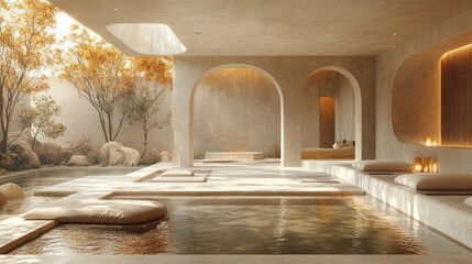 Wall Mural - Serene spa interior with natural light and tranquil water features.