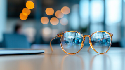 Aufkleber - A close up view of stylish eyeglasses resting on table, reflecting modern office environment with blurred lights in background. scene conveys sense of professionalism and focus