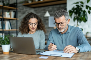 Poster - Two happy, busy middle aged professionals, man and woman, are collaborating at wooden table with laptop and documents. Their focused expressions reflect productive work environment