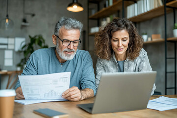 Two happy, busy middle aged professionals, man and woman, are engaged in productive discussion while reviewing documents and working on laptop in modern office setting. Their expressions reflect colla