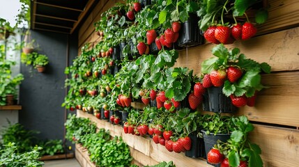 Ripe Red Strawberries Hanging on Plants in Pots on a Wooden Wall