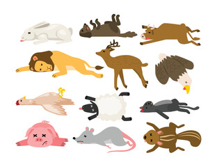 set of dead animal collection, dying animals cartoon, corpse of beast, rabbit, lion, cow, deer, dog,