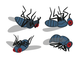 Wall Mural - set of dead fly collection, dying house fly cartoon, lying corpse of insect, poaching and illegal an