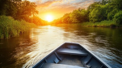 Wall Mural - A serene sunset over a calm river viewed from a boat.