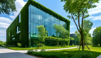 Eco-friendly glass office building promoting sustainability and reducing carbon footprint with integrated greenery and advanced safety features