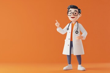 A cartoon doctor pointing to something on a bright orange background