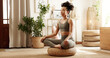 © PeakPoints/peopleimages.com - Home, yoga and woman with exercise, meditation and peace with chakra, spiritual routine and calm. Apartment, healthy person and girl with balance, lotus or posture with fitness and wellness in lounge