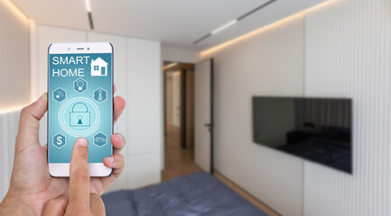 Poster - Mobile phone with app smarthome intelligent house automation remote control technology concept