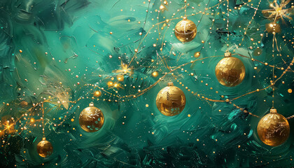 Poster - A painting of gold and green Christmas ornaments hanging from the ceiling