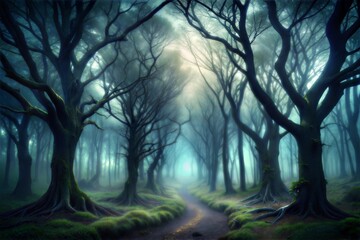 Poster - Mystical forest path shrouded in fog with sunlight filtering through