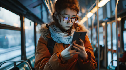 Young woman using smartphone in modern train