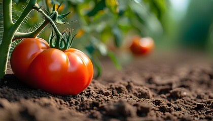 Vibrant closeup of lush ripe tomatoes thriving in rich soil with intricate details