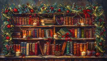 Poster - A painting of a Christmas tree with a shelf full of books