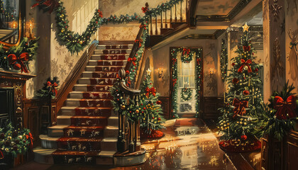 Poster - A painting of a staircase with red bows and green leaves