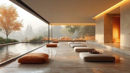 Wall Mural - Serene interior with cushions and a tranquil poolside view.