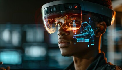 man wearing augmented reality glasses with futuristic user interface
