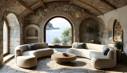 Wall Mural - Modern Mediterranean Living Room with Curved Sofa and Arched Window Accentuated by Stone Tiled Wall