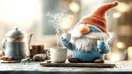 Wall Mural - A garden gnome wearing a blue sweater and orange hat sits with a steaming cup in hand, surrounded by warm, cozy details like a teapot and soft lighting.