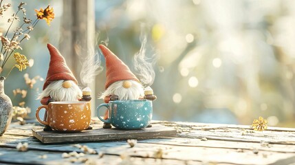 Wall Mural - Two garden gnomes wearing orange hats sit inside large mugs, one orange and one blue, holding tiny desserts with steam rising, in a cozy outdoor setting.