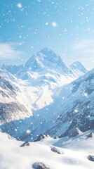 Beautiful snow-covered mountains against the blue sky. Panoramic view of a winter landscape in the highlands