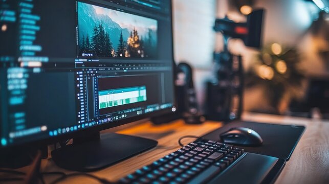 A computer setup with editing software, showcasing a workspace for video production.